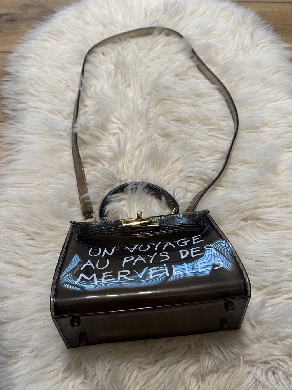 Clear Black Vinyl Crossbody Bag with White Script and Top Handle - Picture 9 of 12